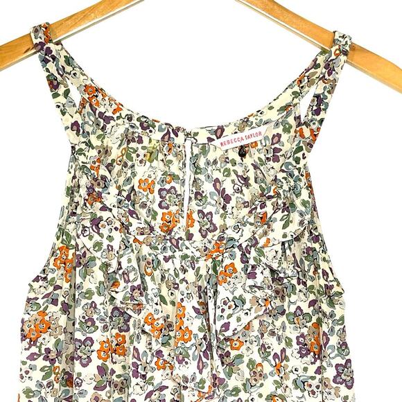 REBECCA TAYLOR Women’s Silk Floral Print Ruffle front Braided Tank Top - Picture 2 of 5